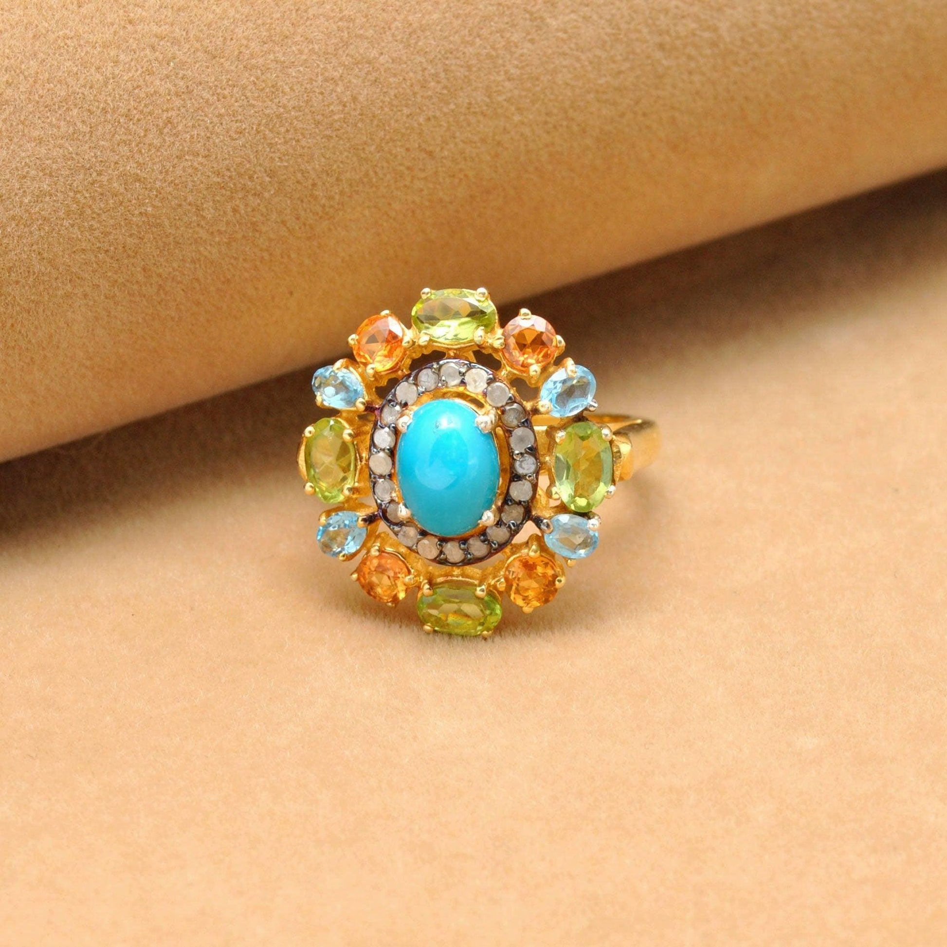 Multi Gemstone Diamond 18k Gold Plated Turquoise Victorian Rings Kanish