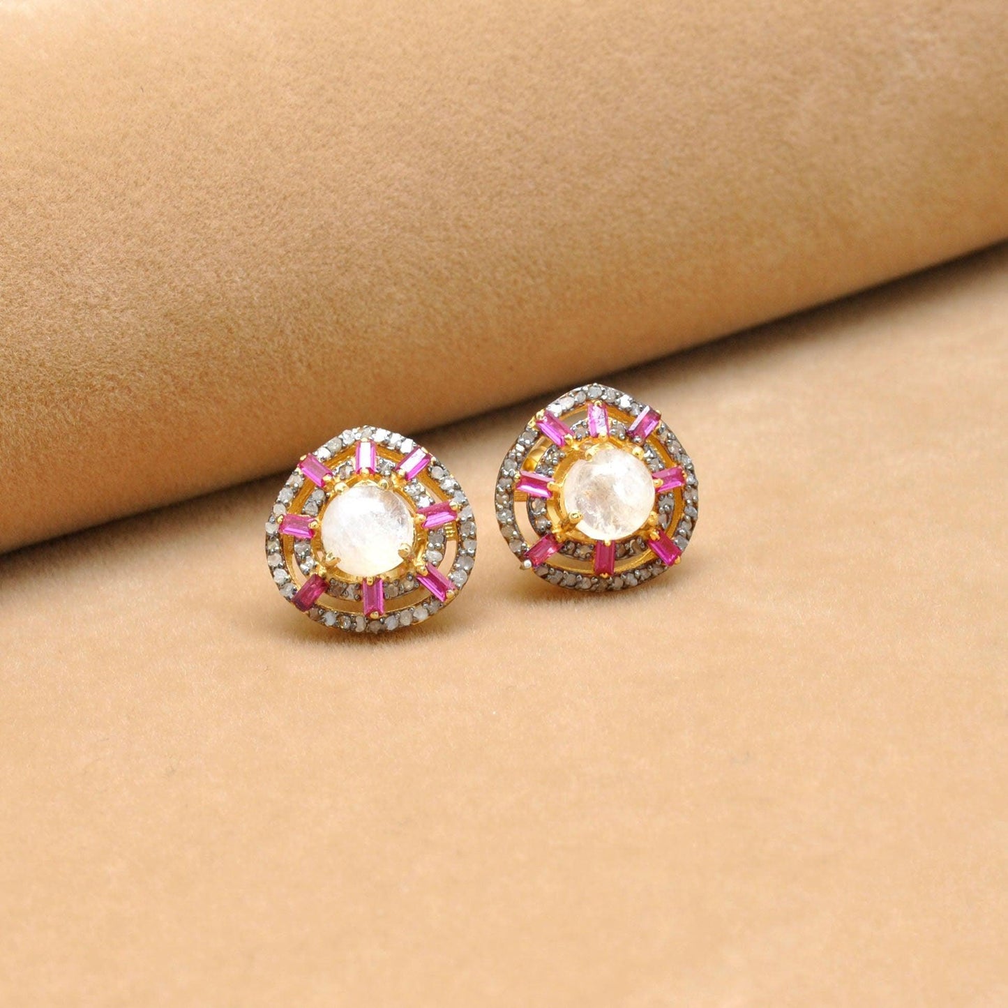 Victorian Moonstone Stud Diamond Ruby Jewelry Kanish