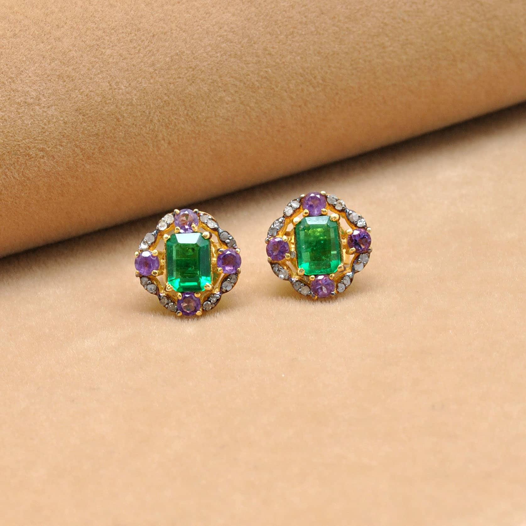 Baguette Emerald Diamond Silver Stud Amethyst Jewelry Kanish