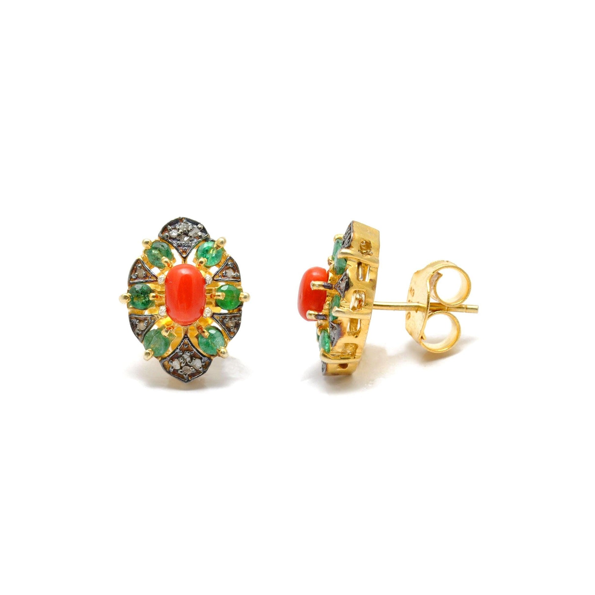 Coral Emerald & Pave Diamond Stud Earrings Kanish