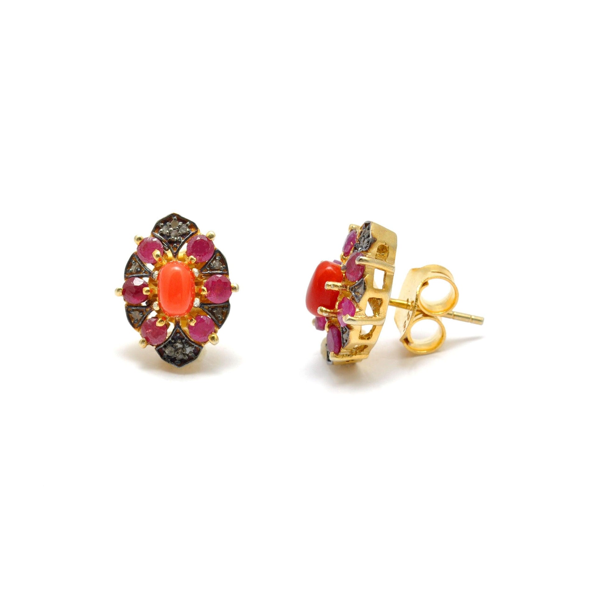 Victorian Coral with Ruby Pave Diamond Stud Earring Kanish