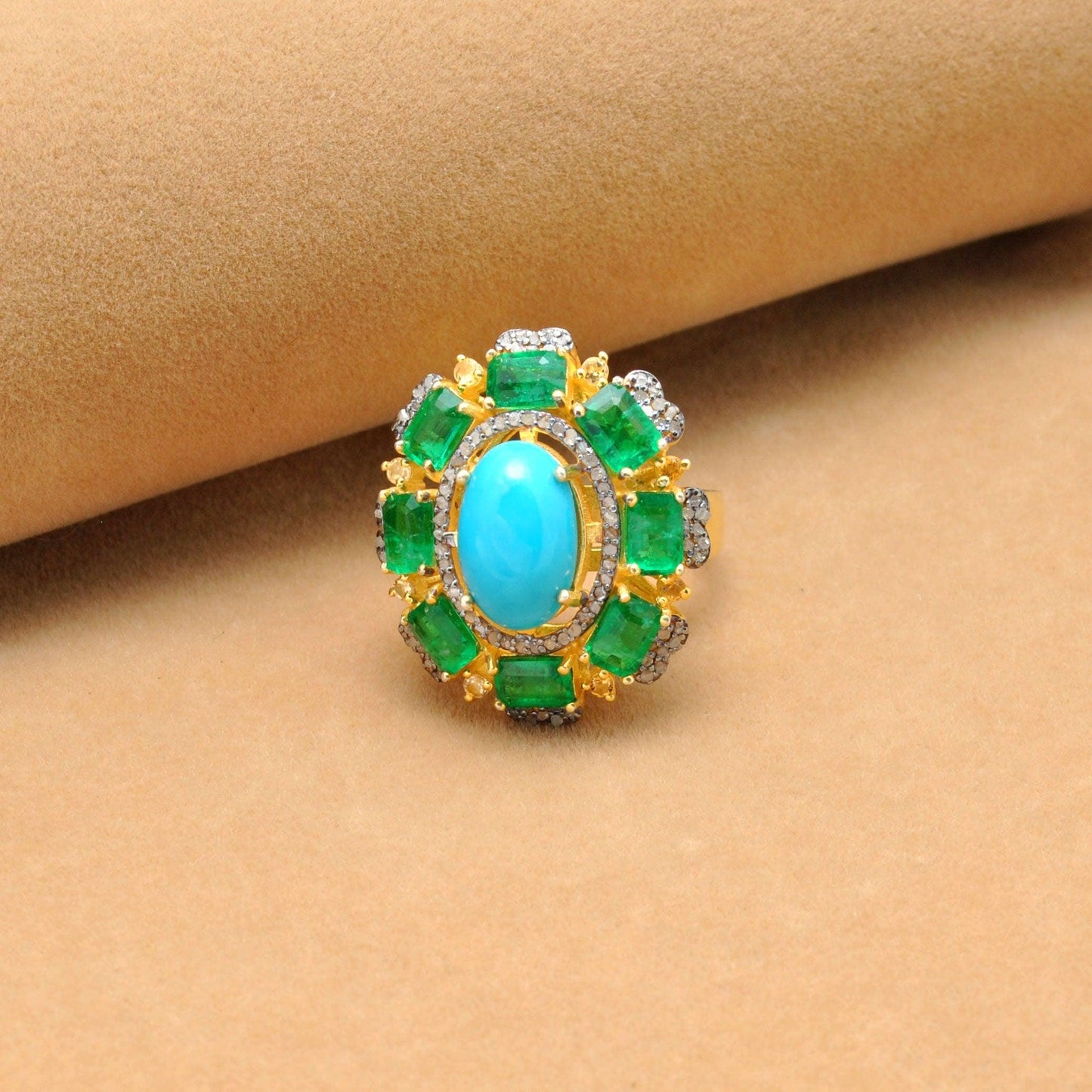 Victorian Turquoise Emerald Engagement Ring Kanish