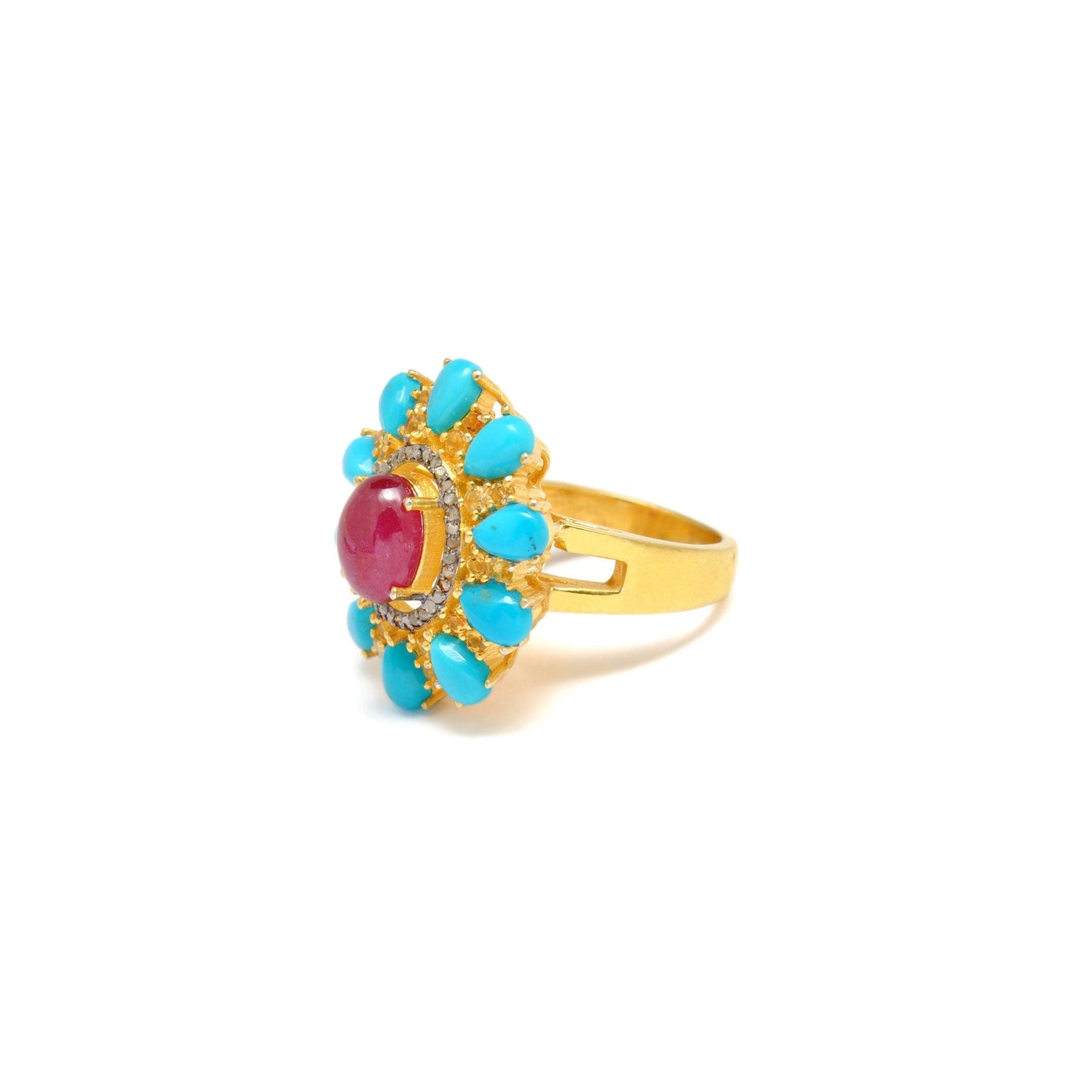 Victorian Ruby with Turquoise Silver Diamond Ring Size 7 Kanish