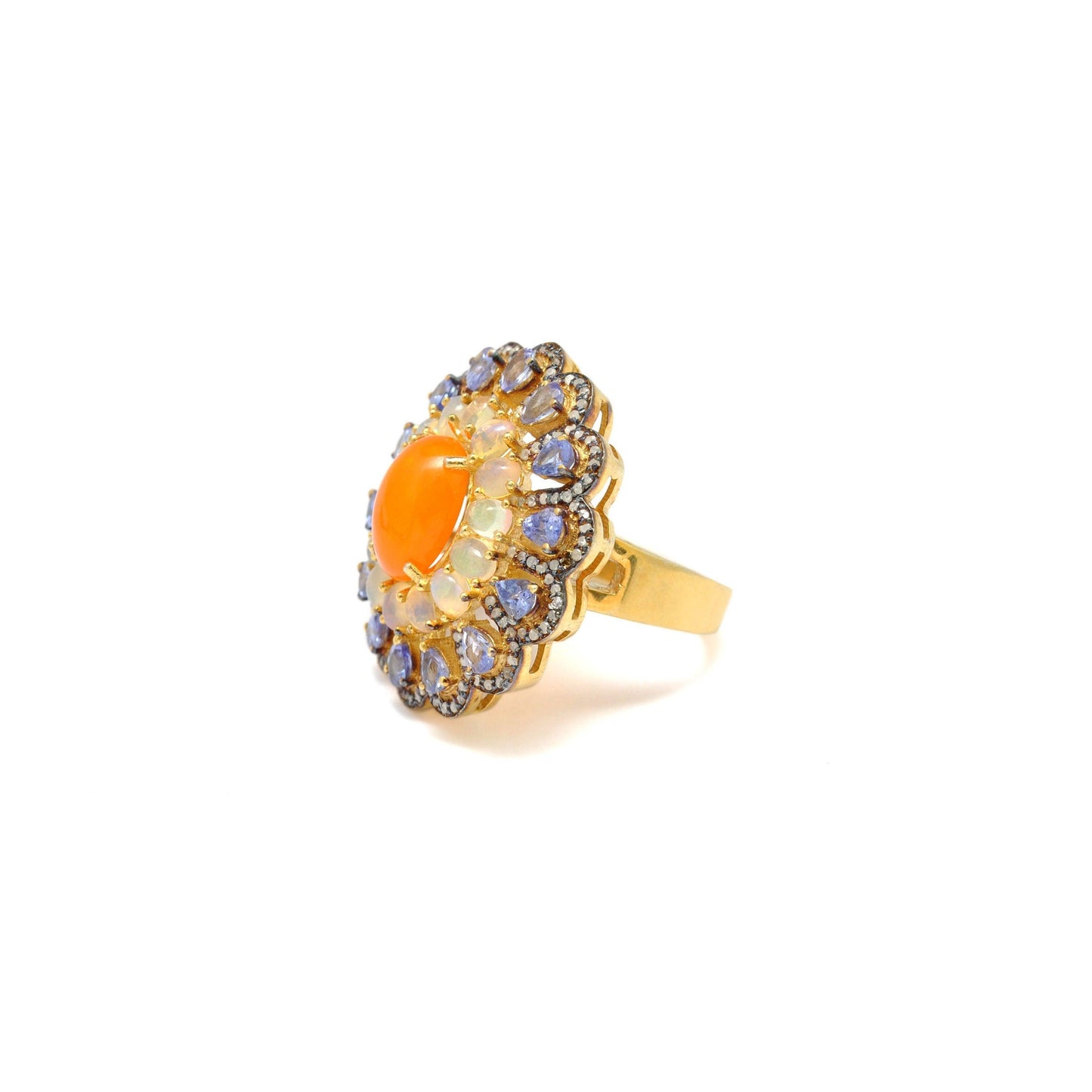 Victorian Tanzanite With Opal Diamond Silver Ring Size 7 Kanish