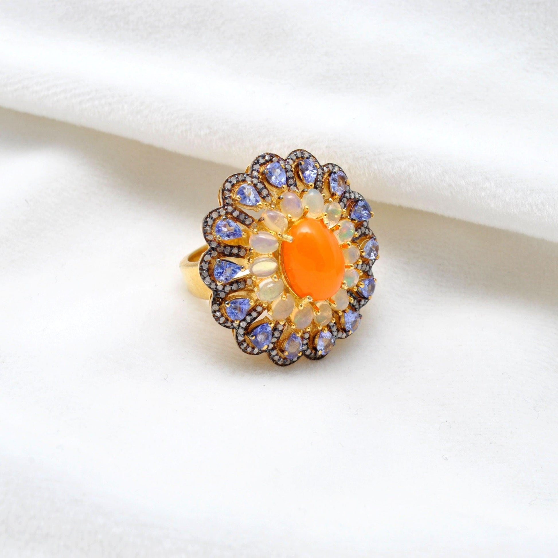Victorian Tanzanite With Opal Diamond Silver Ring Size 7 Kanish