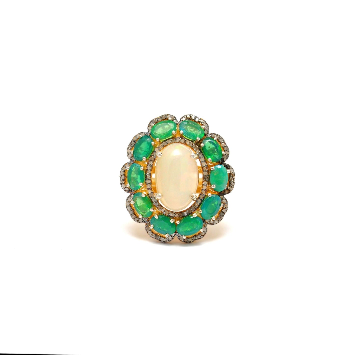Estate Fire Opal Emerald Ring Halo Victorian Jewelry - Kanish