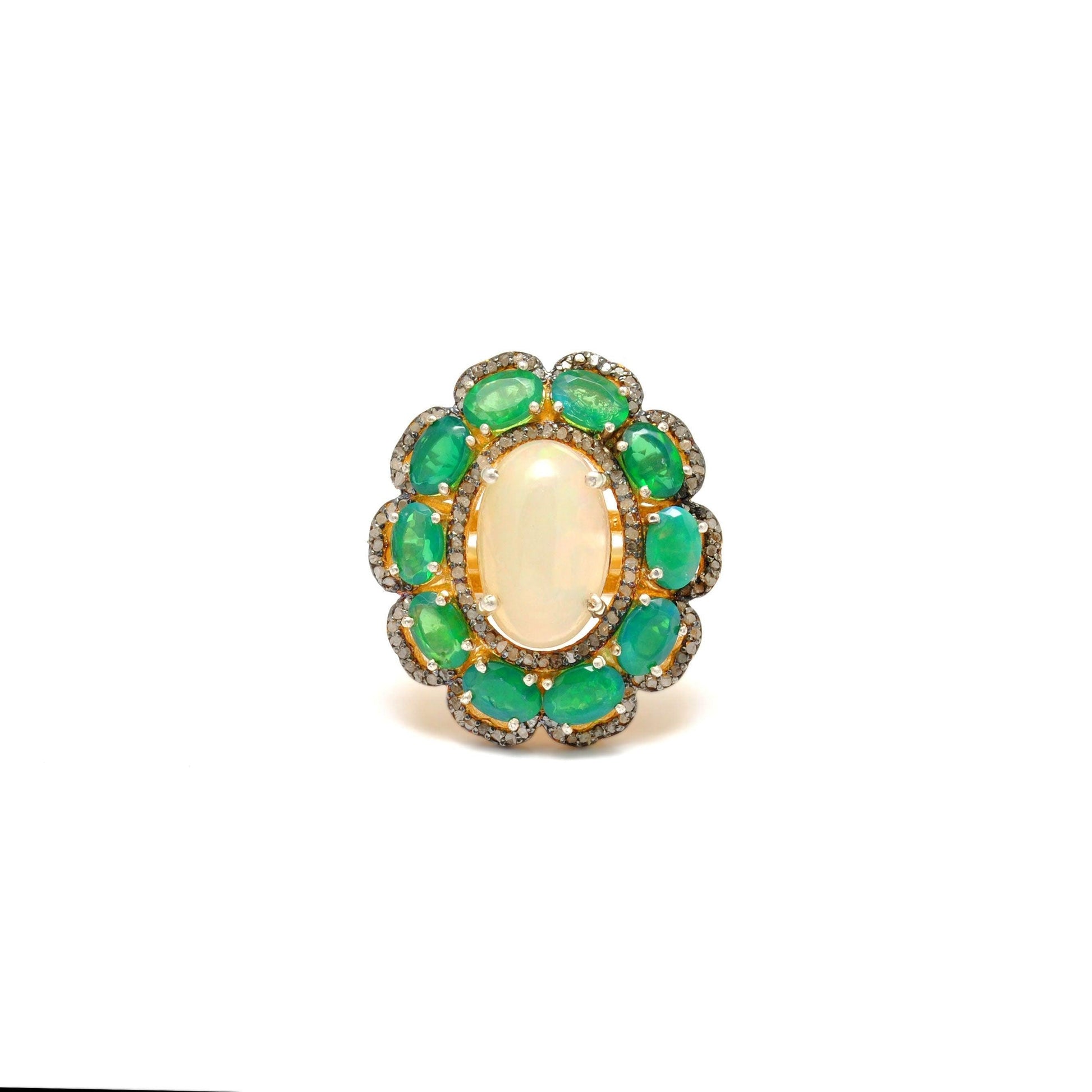 Estate Fire Opal Emerald Ring Halo Victorian Jewelry - Kanish