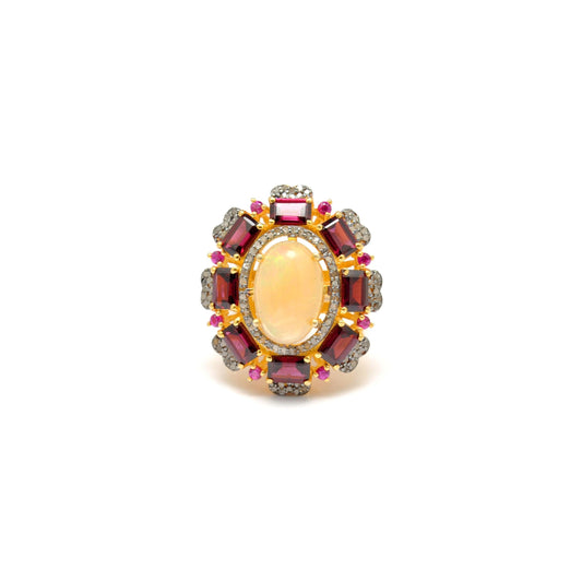 Baguette Garnet Ethiopian Opal Ring Halo Victorian Jewelry - Kanish