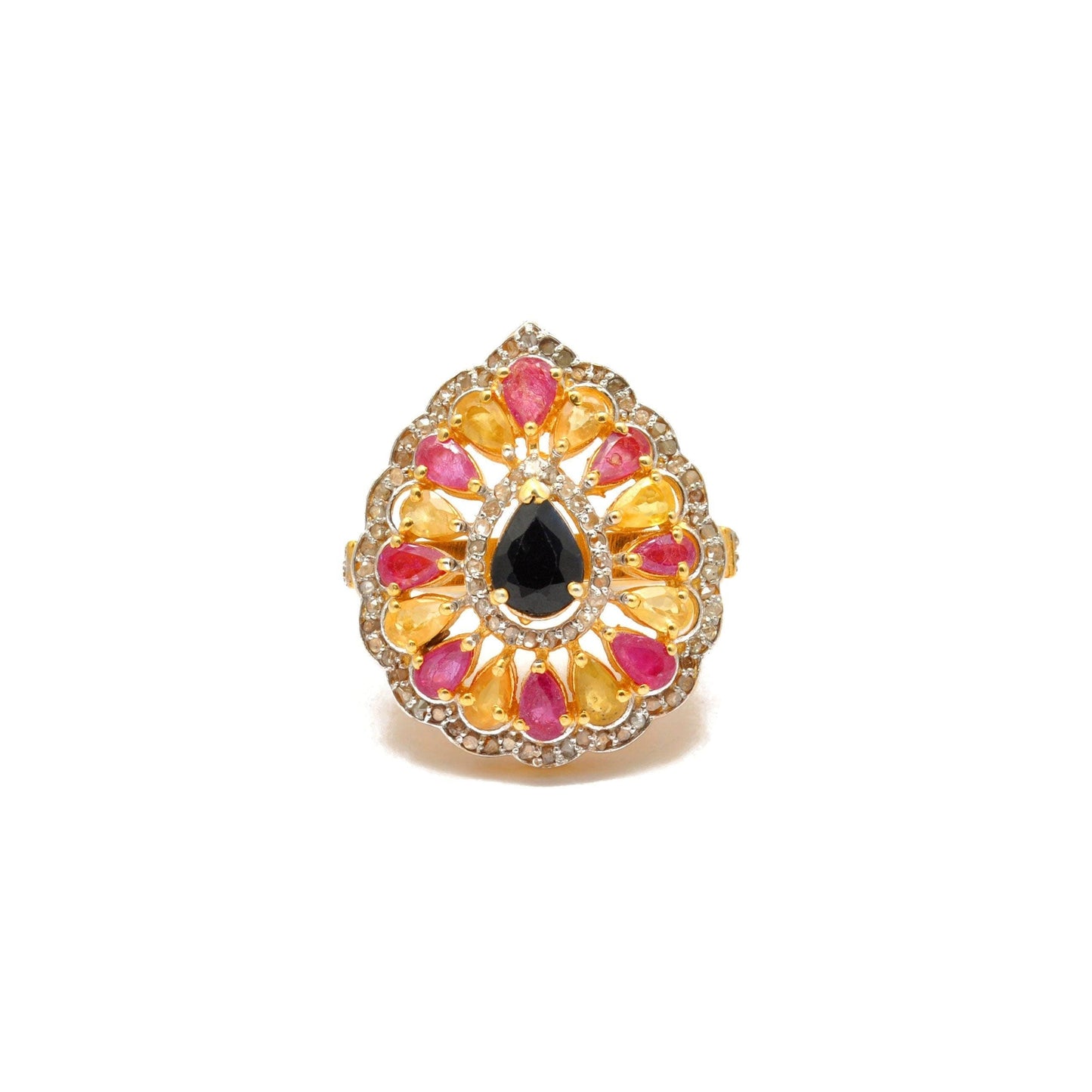 Multi Gemstone Diamond Victorian 18k Gold Ring Size 7 - Kanish