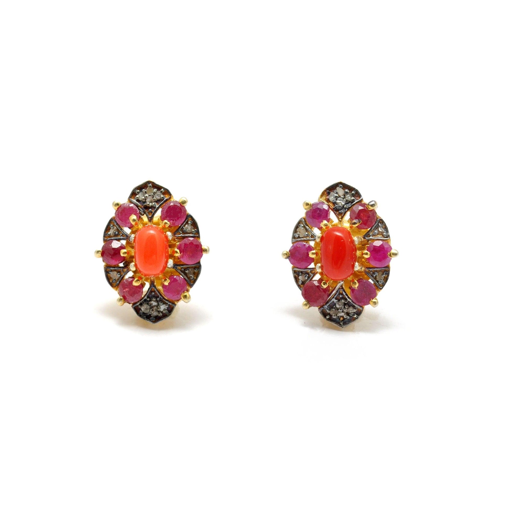 Victorian Coral with Ruby Pave Diamond Stud Earring - Kanish