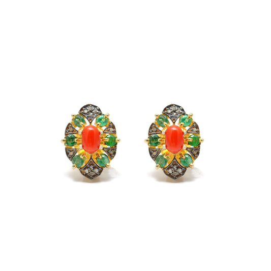 Coral Emerald & Pave Diamond Stud Earrings - Kanish