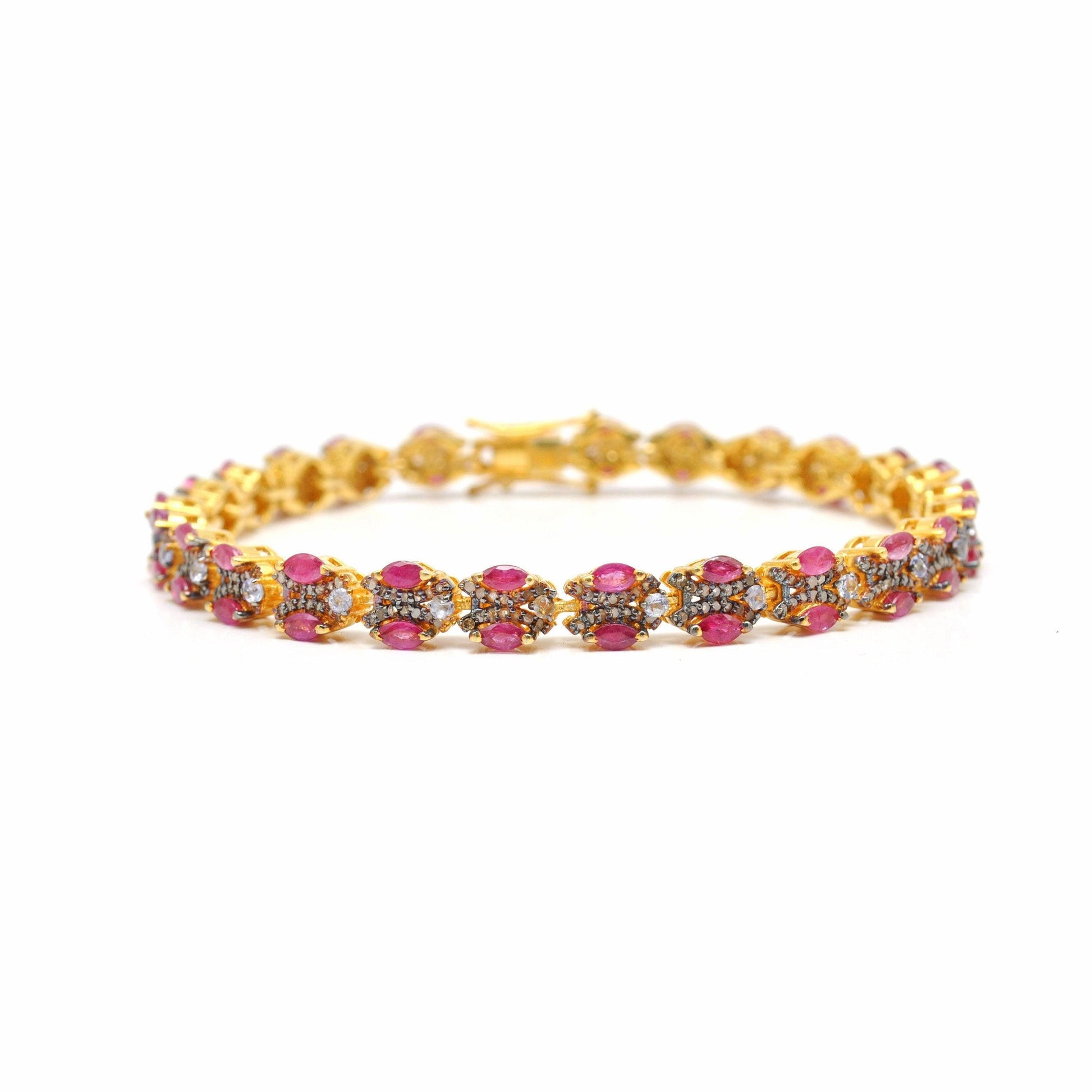 925 Sterling Silver Pave Diamond & Ruby 18k Gold Plated Bracelet - Kanish