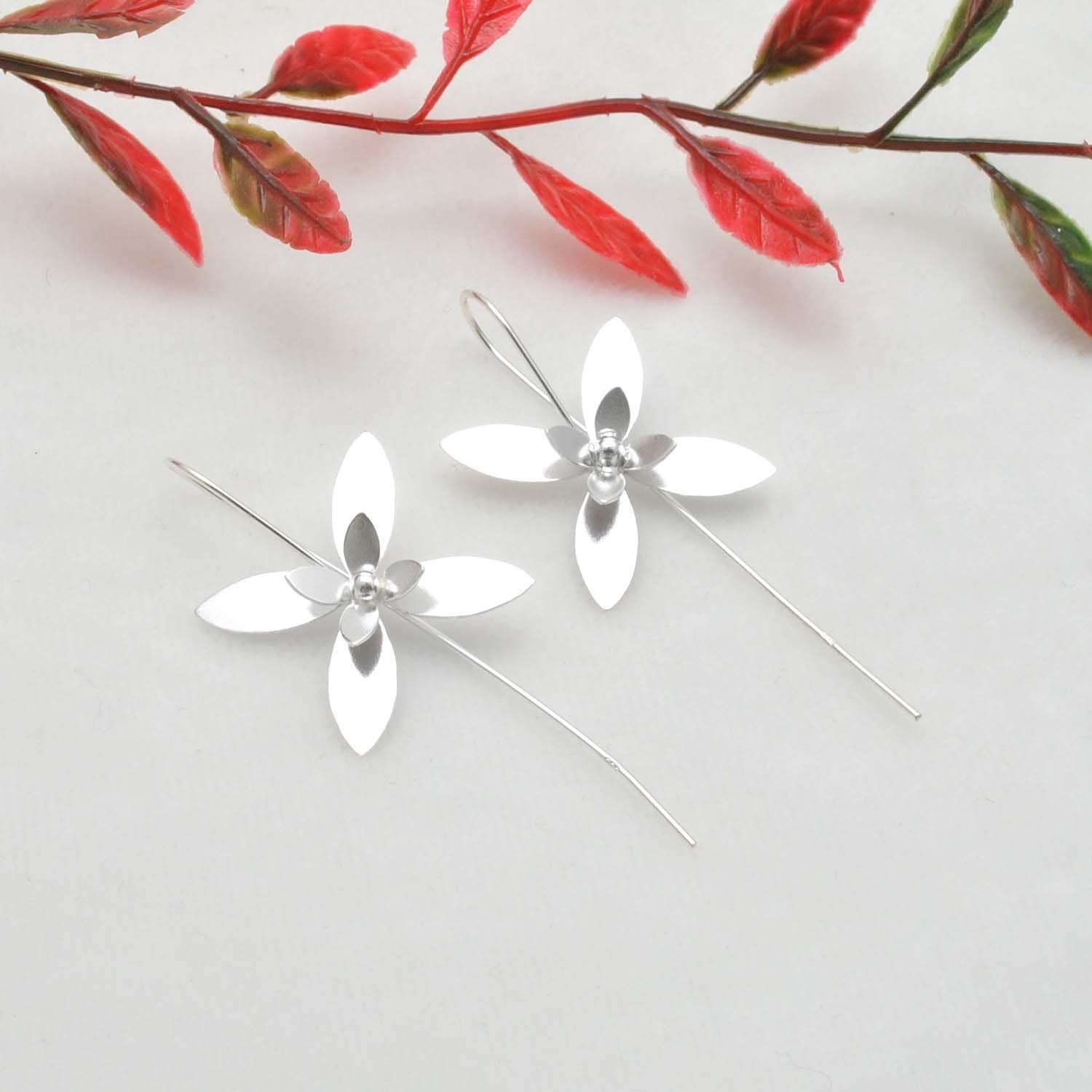 Floral Silver Dangle Long Stem Earrings for Women - Kanish