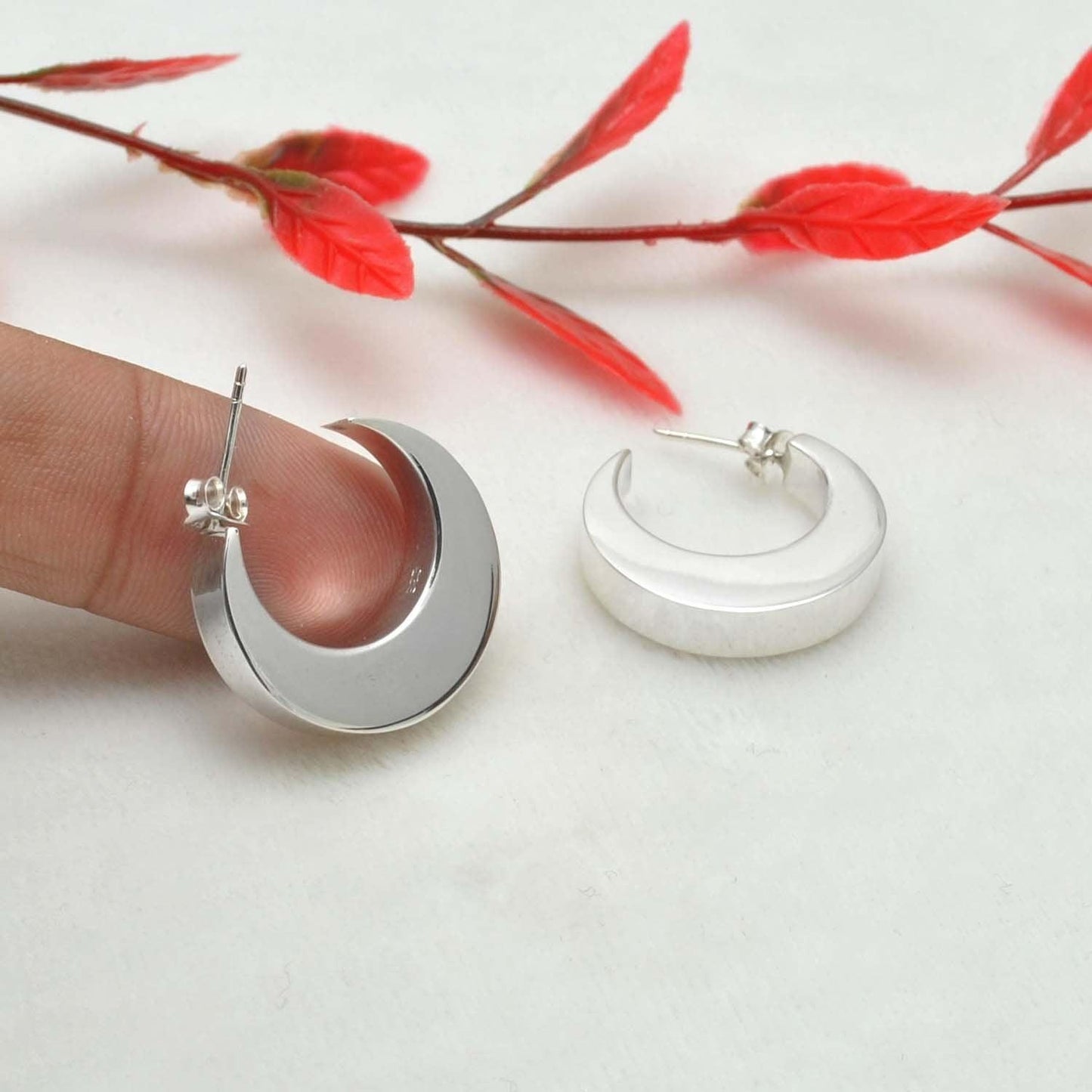 Crescent moon Huggie hoop silver earrings stud - Kanish