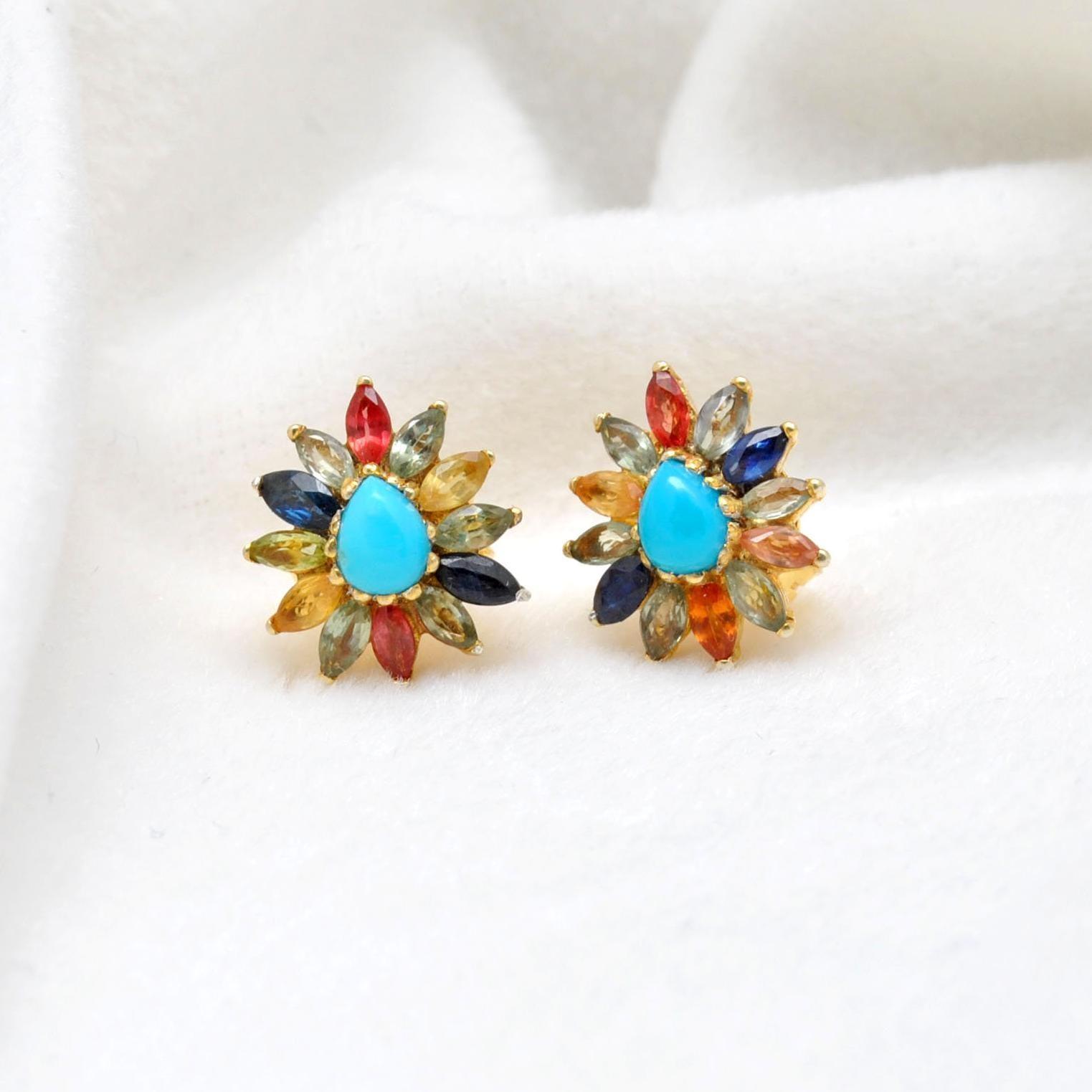 Natural Turquoise Multi Stone Stud Earring - Kanish