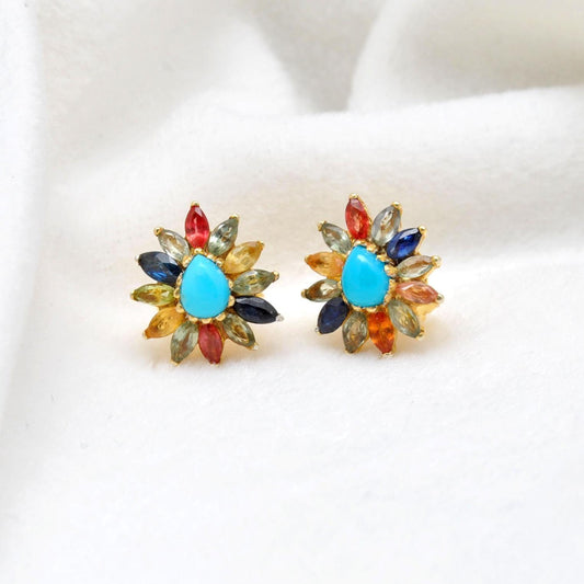Natural Turquoise Multi Stone Stud Earring - Kanish