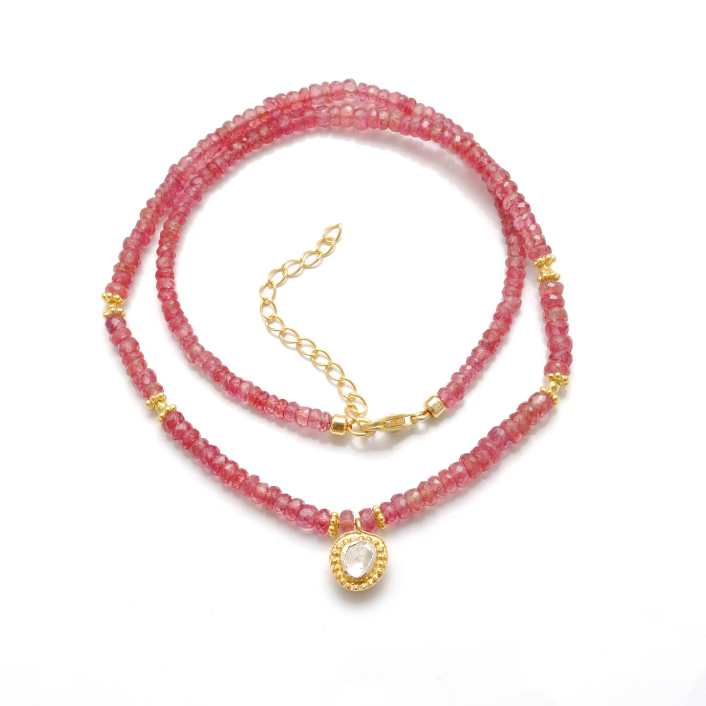 Ruby beaded choker necklace with gold-plated sterling silver diamond pendant and rich red gemstone beads