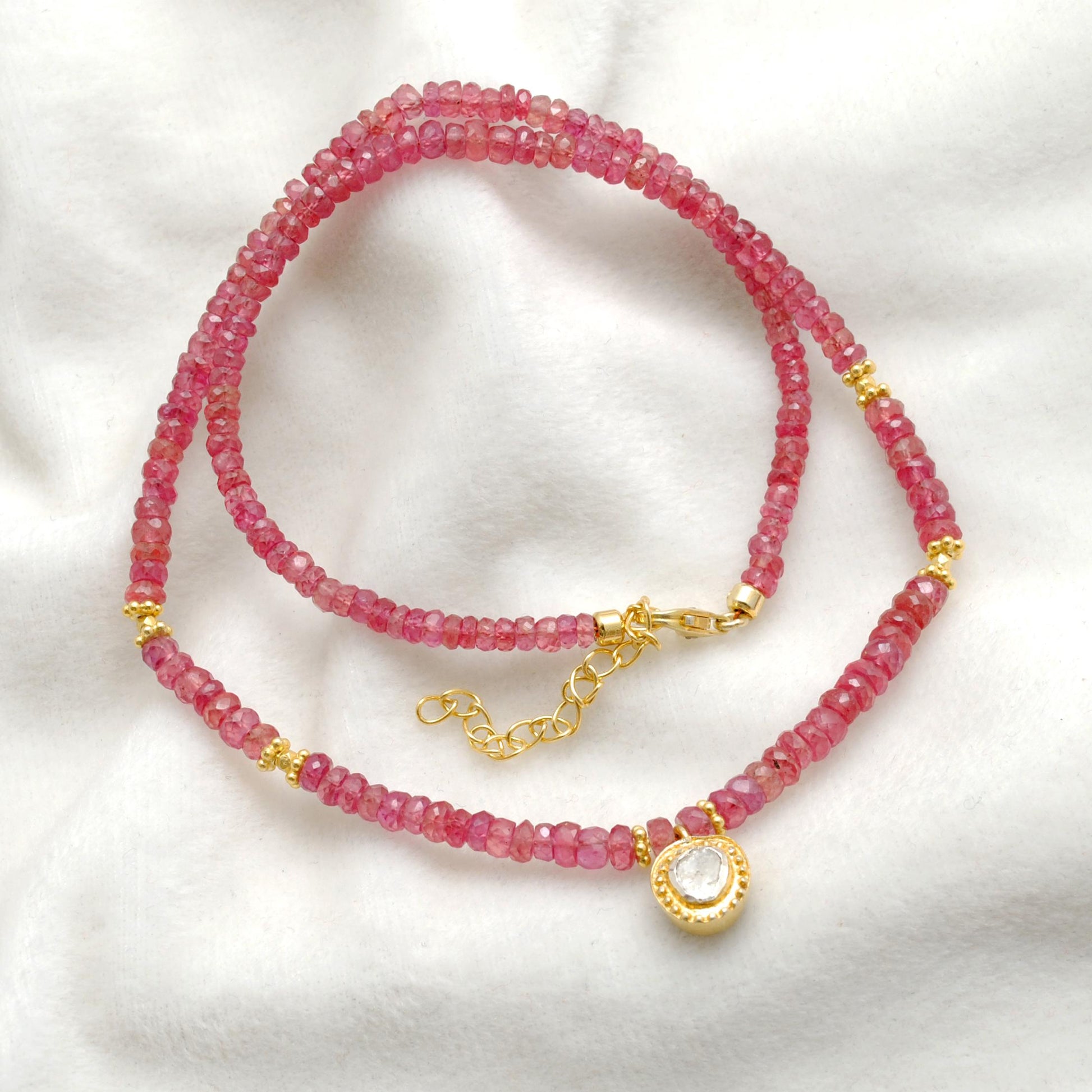 Ruby beaded choker necklace with gold-plated sterling silver diamond pendant and rich red gemstone beads