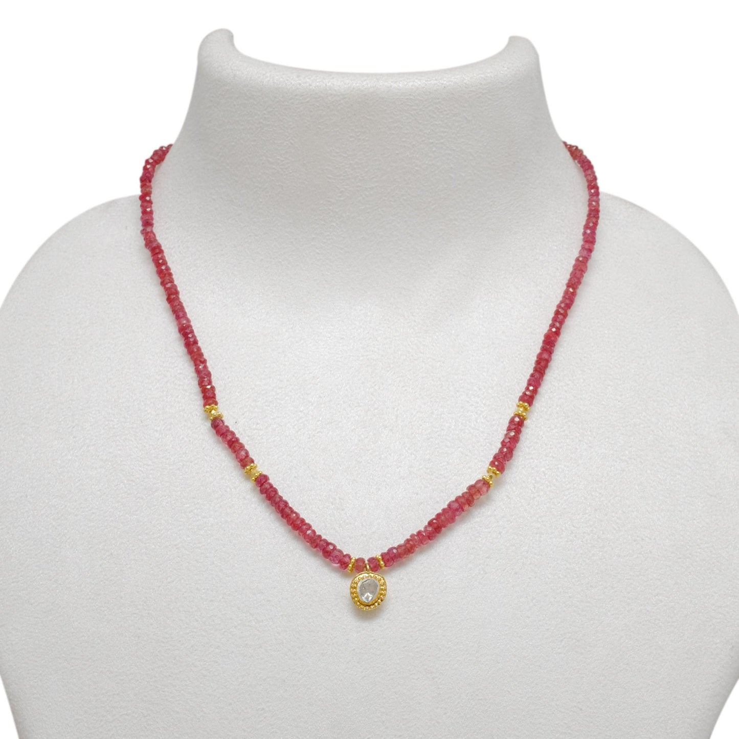 Ruby beaded choker necklace with gold-plated sterling silver diamond pendant and rich red gemstone beads