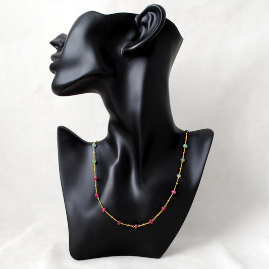 Multi Sapphire 6mm Gemstone Beaded Necklace with Gold-Plated Sterling Silver