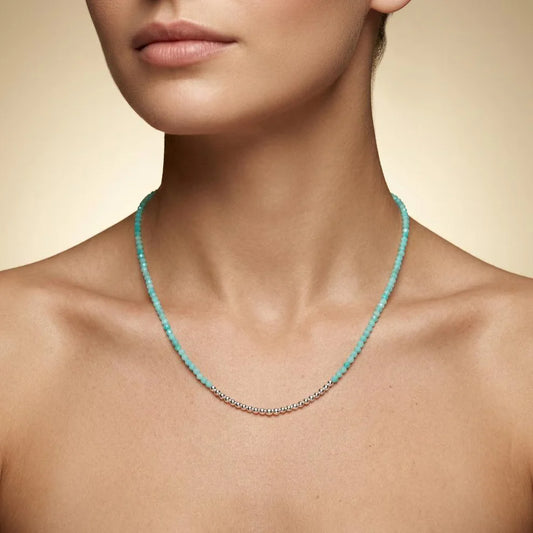 Amazonite Beaded Necklace with Sterling Silver – Micro Faceted 2mm Beads