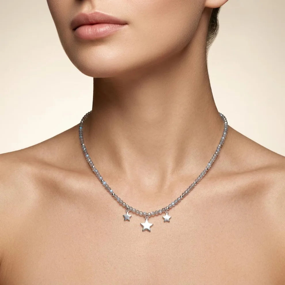 Handmade Labradorite Beaded Choker with Sterling Silver Star Charm