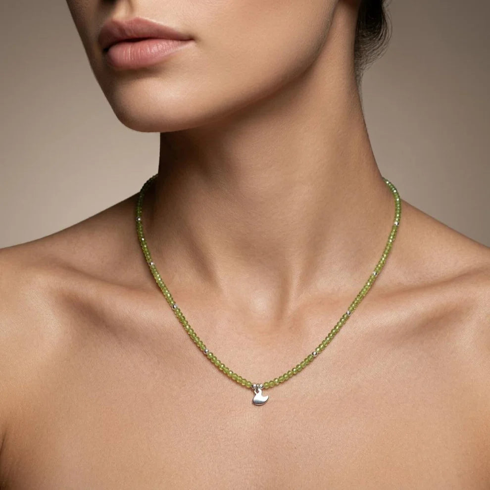Peridot Rondelle Beaded Necklace with Sterling Silver Charm – 2mm Beads