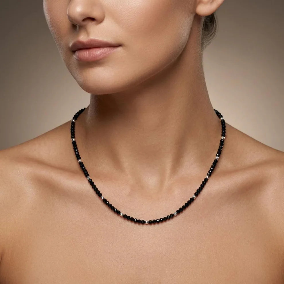 Handmade Black Spinel Beaded Necklace – Sterling Silver